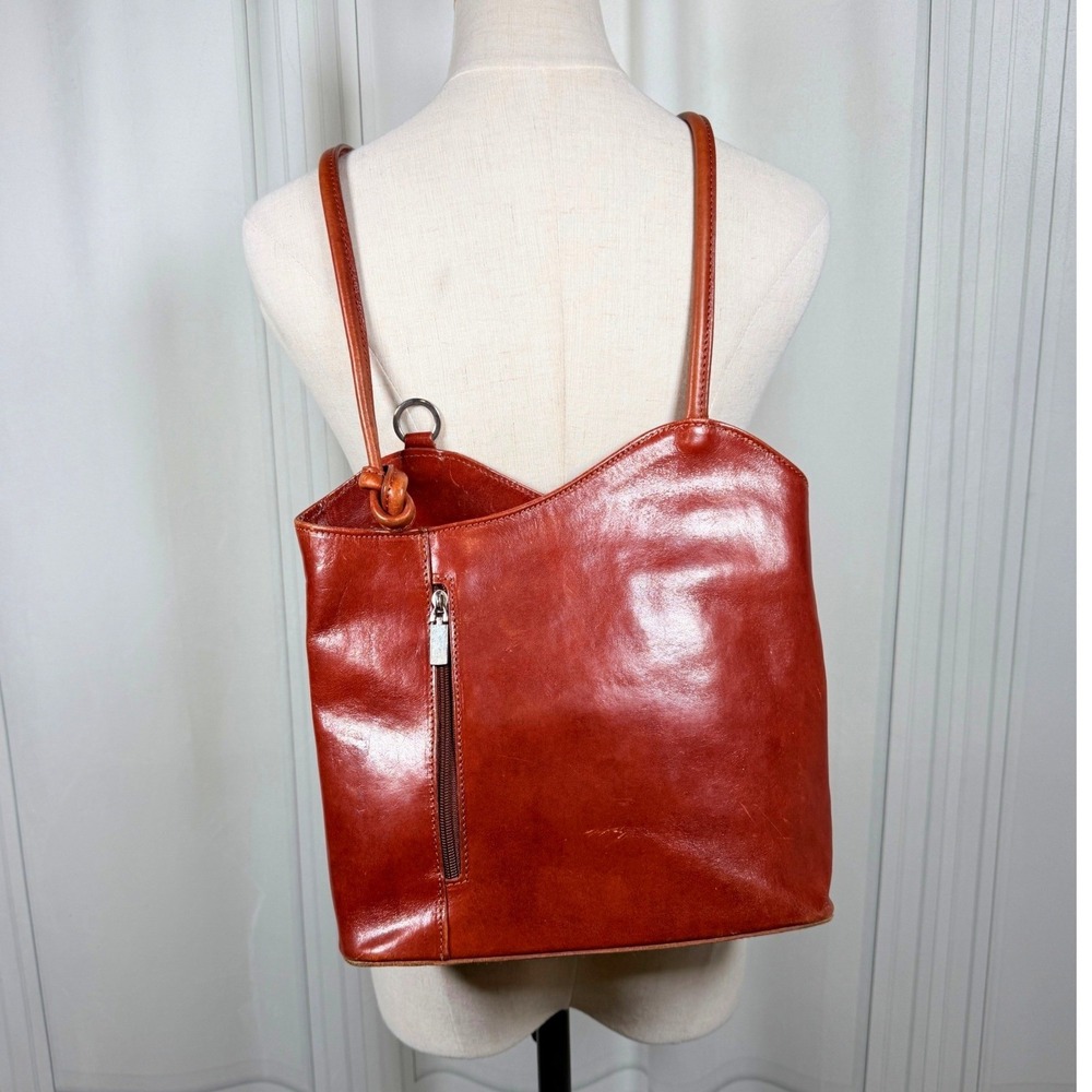 Vintage Vera Pelle Italian Leather Convertible Backpack Shoulder Bag Cognac